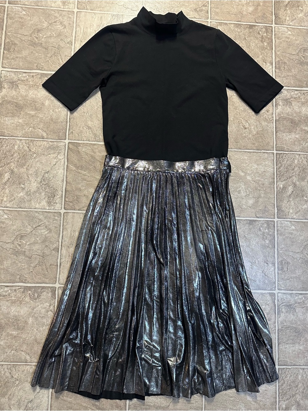 Women's Zara Black Top and Silver Pleated Midi Skirt Set